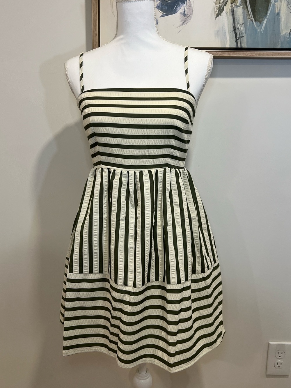 Lulus Yamila Olive Striped Textured Cutout Mini Dress Green - Size M - Picture 2 of 5